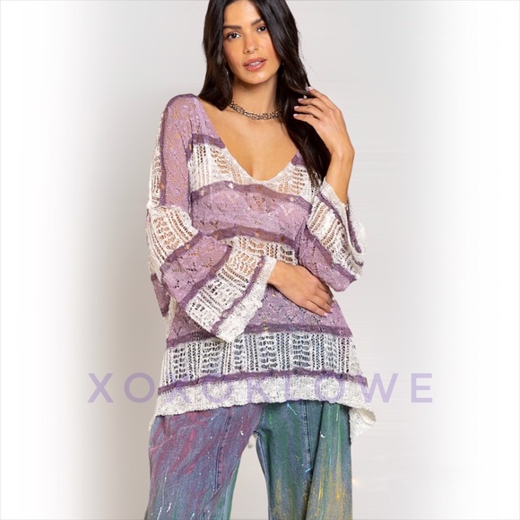 POL Sweaters - POL Purple Stripe Lightweight Loose Knit Spring Sweater Oversized